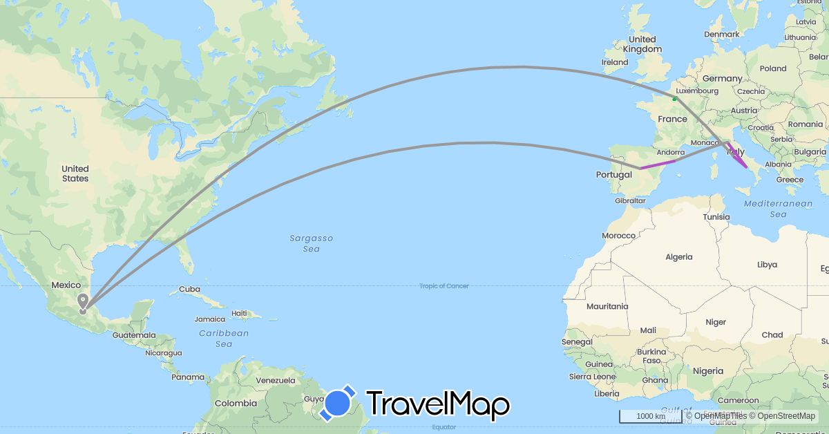 TravelMap itinerary: driving, bus, plane, train in Spain, France, Italy, Mexico, Vatican City (Europe, North America)